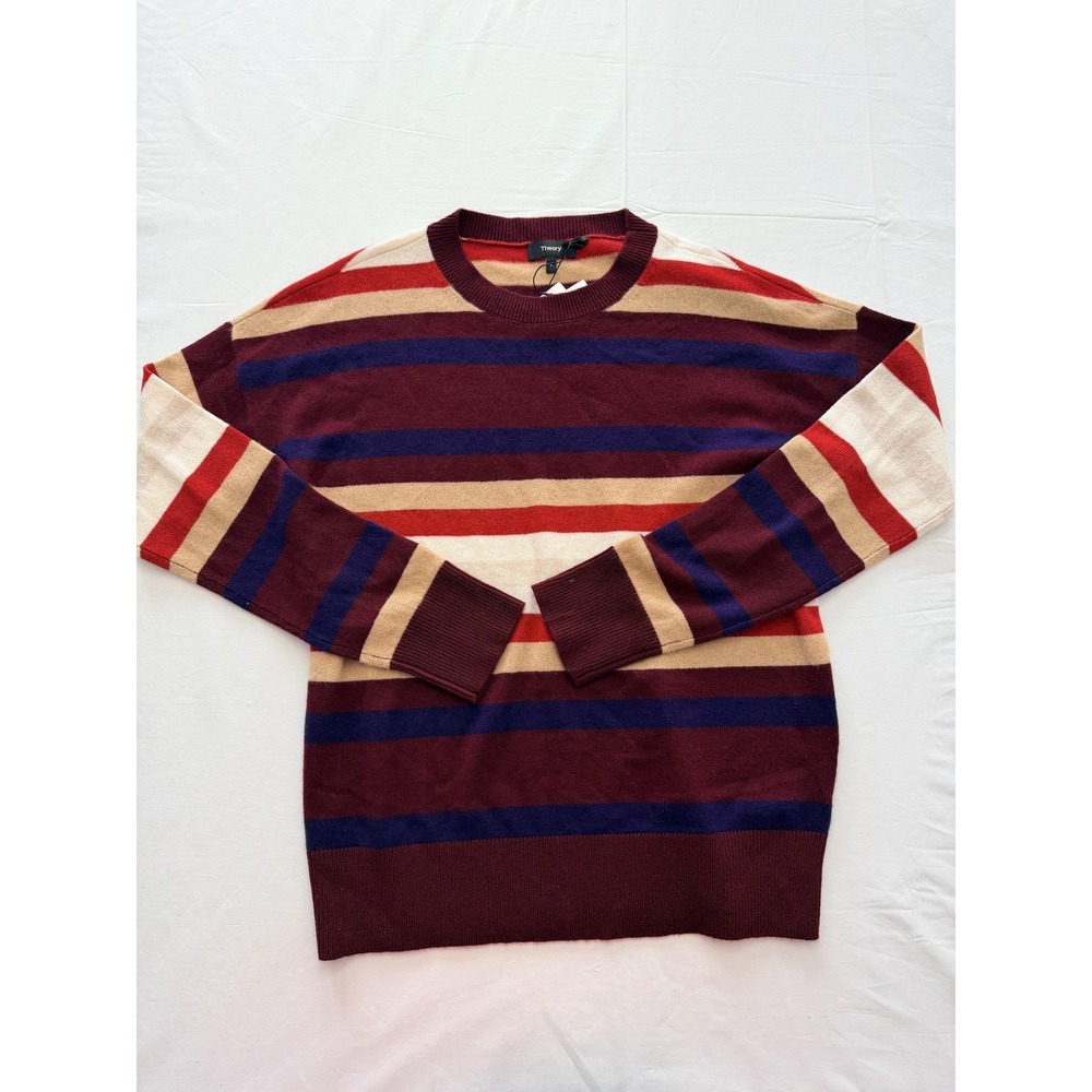 Theory Sweater Womens Large Deep Cherry Multi Striped Cashmere‎ Crew Pullover